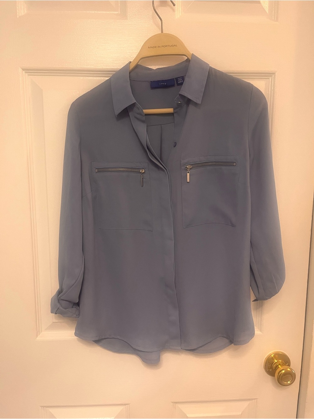 Apt. 9 Light Blue Button-Down Blouse with Zip Chest Pockets